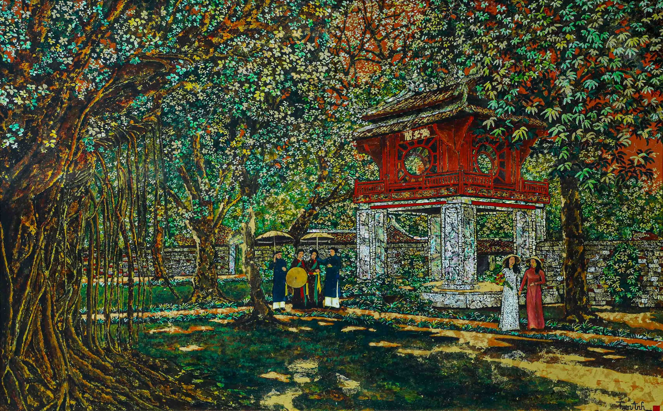 Spring Stroll at the Temple of Literature - Vietnamese Lacquer Painting by Artist Nguyen Tuan Anh