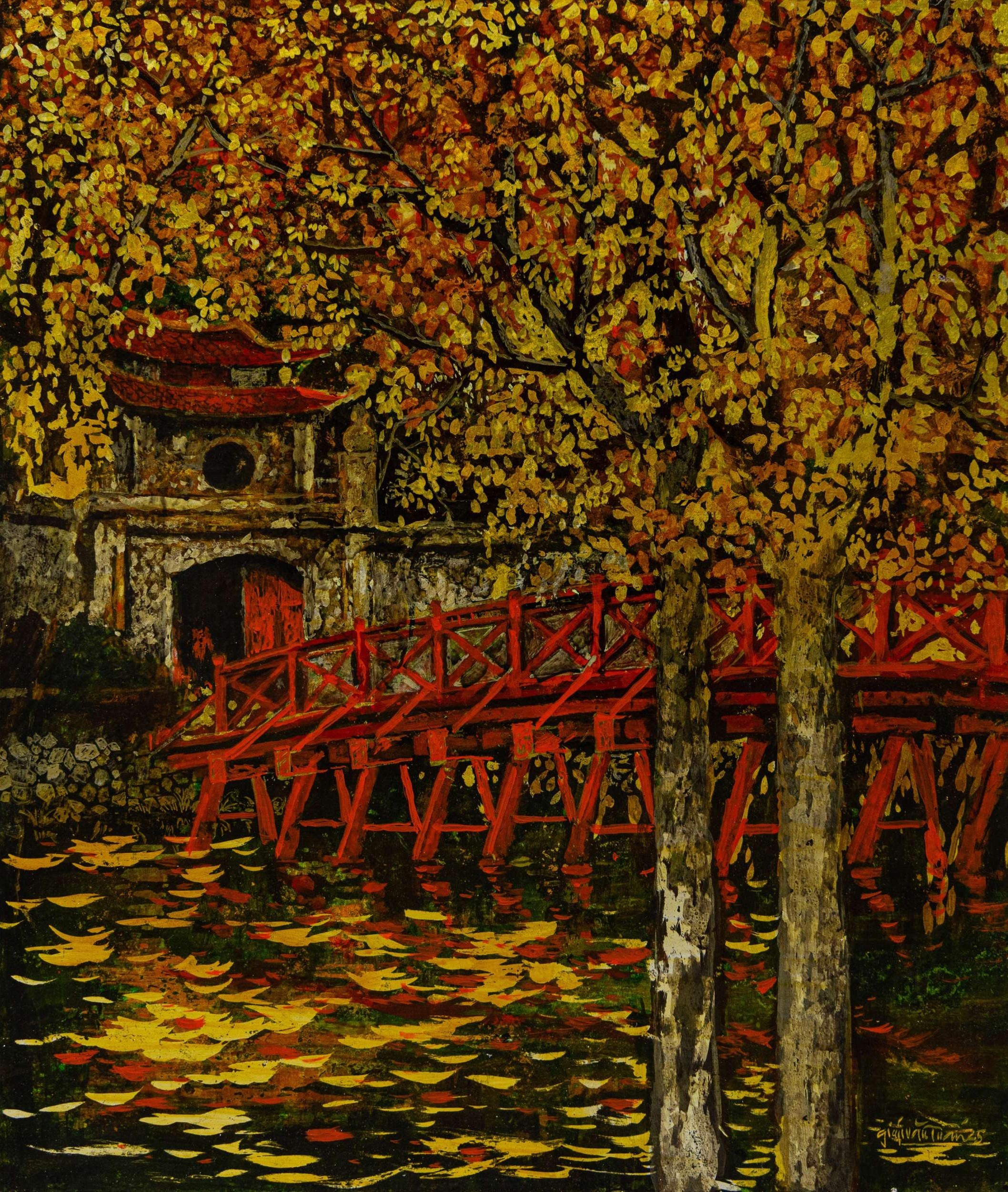 The Road to the Temple - Vietnamese Lacquer Painting by Artist Giap Van Tuan
