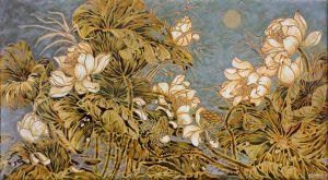 Early Lotus IV Vietnamese Lacquer Painting by Artist Nguyen Hong Giang