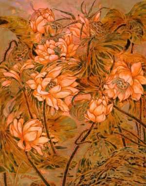 Early Lotus VI - Vietnamese Lacquer Painting by Artist Nguyen Hong Giang