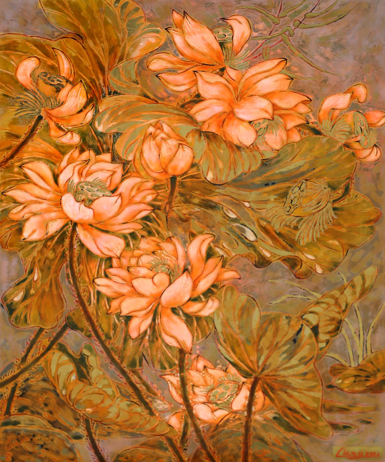 Early Lotus VII - Vietnamese Lacquer Painting by Artist Nguyen Hong Giang
