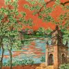 Echoes by the Ancient Tower - Lacquer Painting by Artist Nguyen Van Nghia