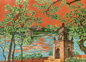 Echoes by the Ancient Tower - Lacquer Painting by Artist Nguyen Van Nghia