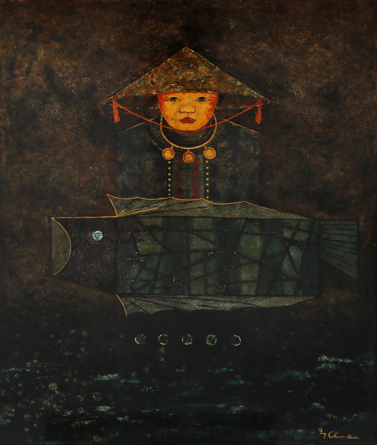 Fishing in the Moonlight - Vietnamese Lacquer Painting by Artist Nguyen Thanh Chung