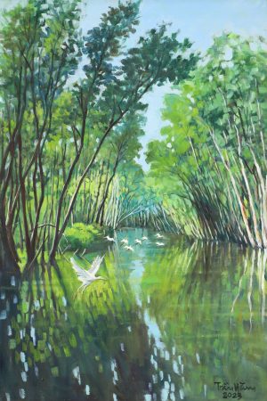 Fluttering Storks - Vietnamese Oil Painting by Artist Tran Nam