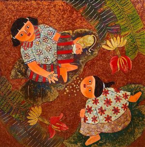Folk Game - Vietnamese Lacquer Painting by Artist Chau Ai Van