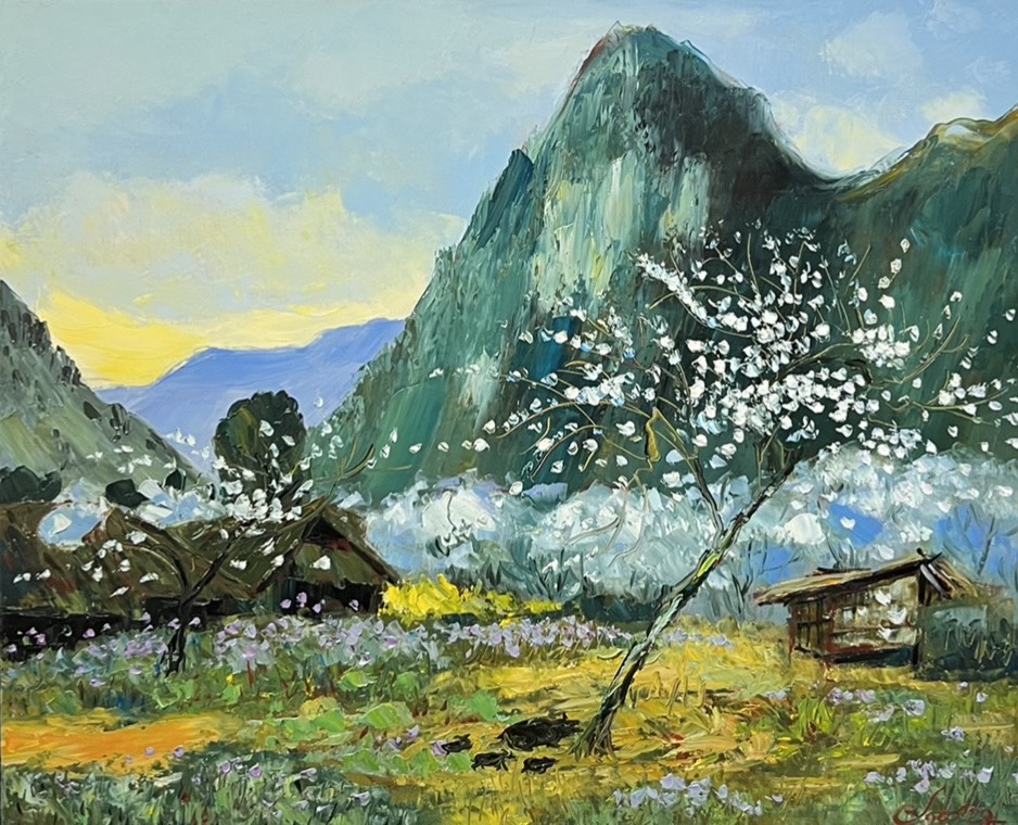 Garden in Spring III - Vietnamese Oil Painting by Artist Dang Dinh Ngo