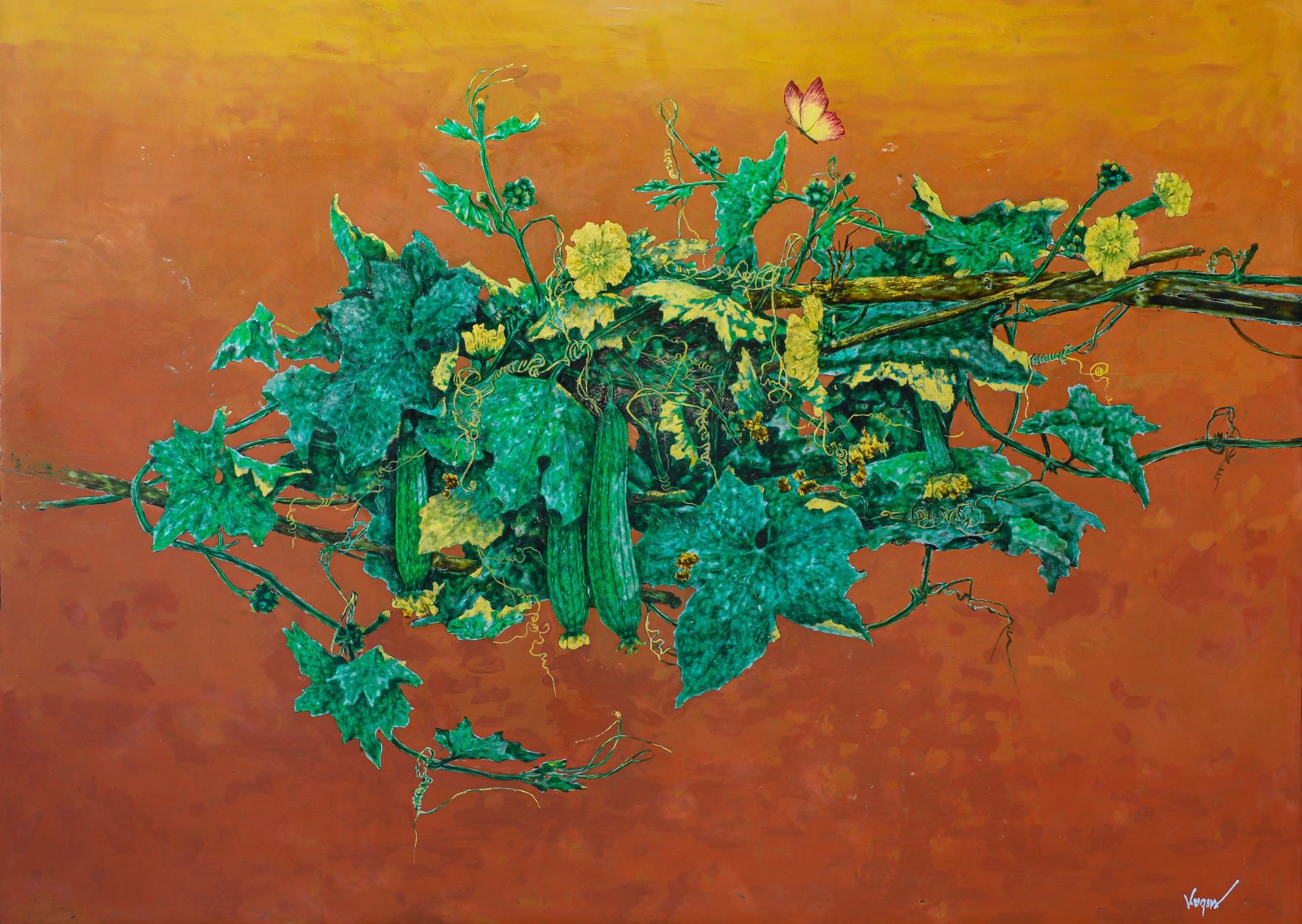 Luffa Trellis III - Lacquer Painting by Artist Nguyen Van Nghia