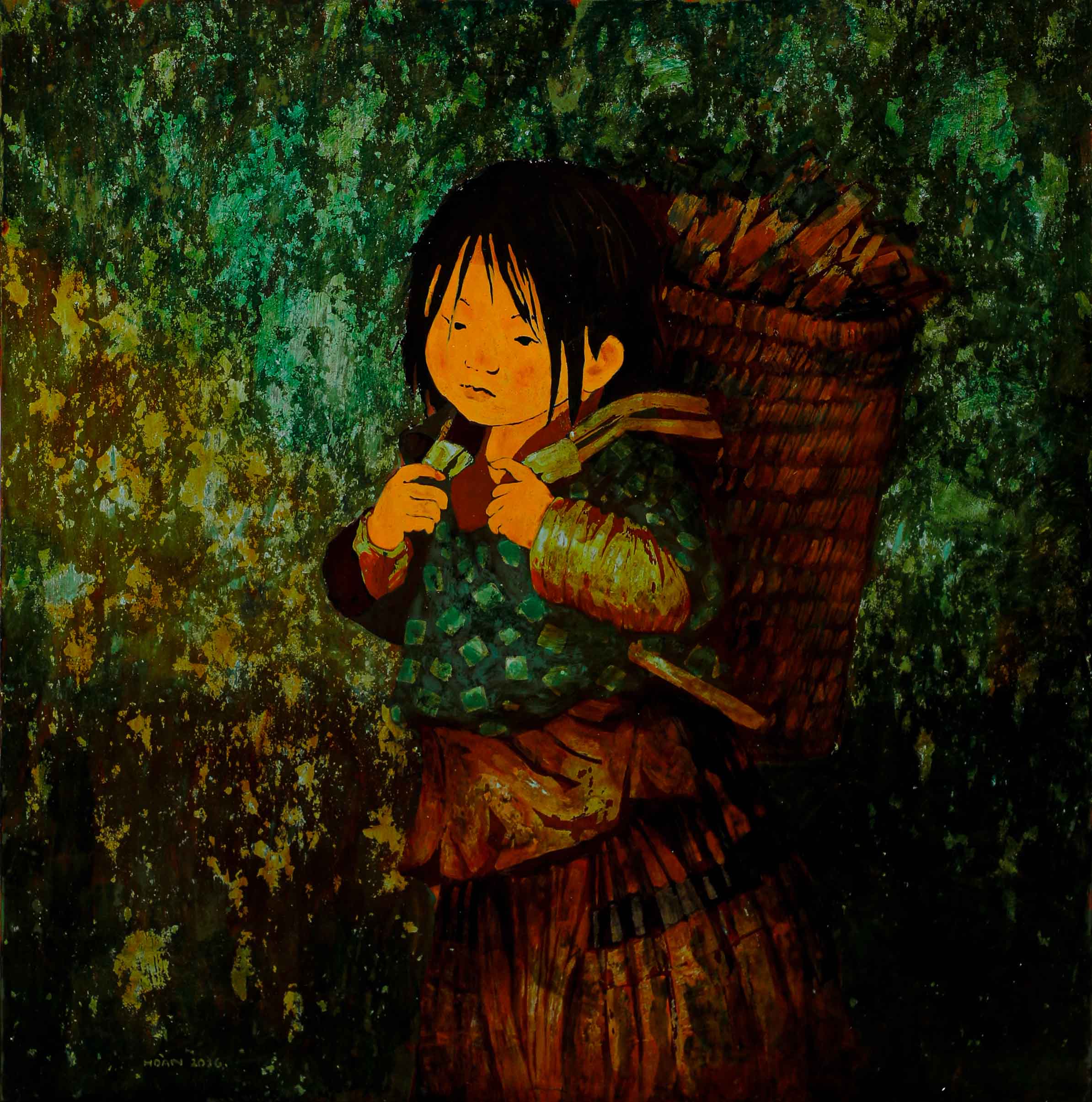 Helping Mother - Lacquer Painting by Artist Hoang Hoan