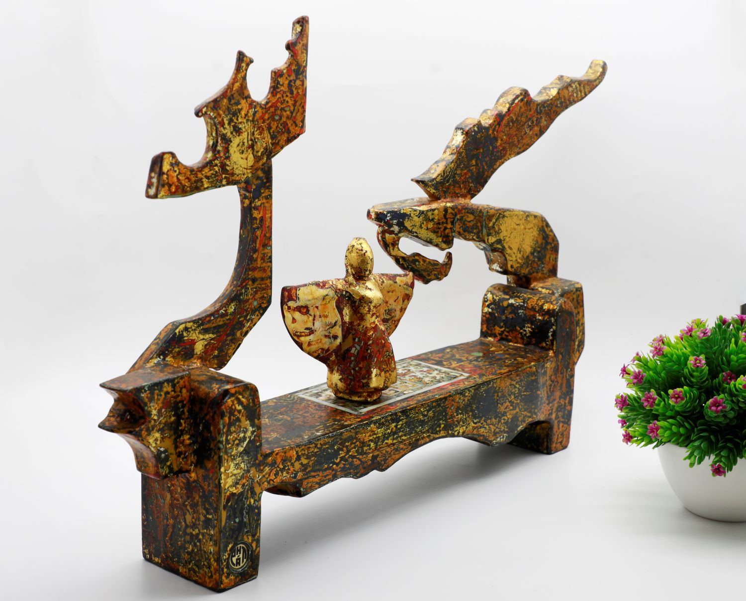 God Dragon Chair II with Angel - Vietnamese Lacquer Artwork by Artist Nguyen Tan Phat