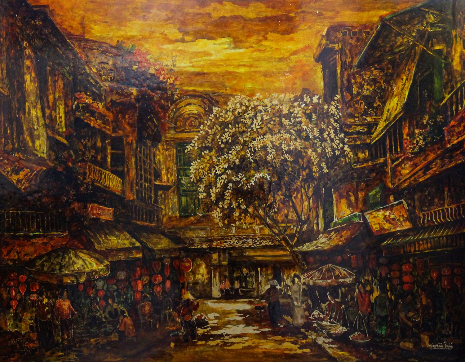 Golden Sunlight on Street II - Vietnamese Lacquer Painting by Artist Giap Van Tuan