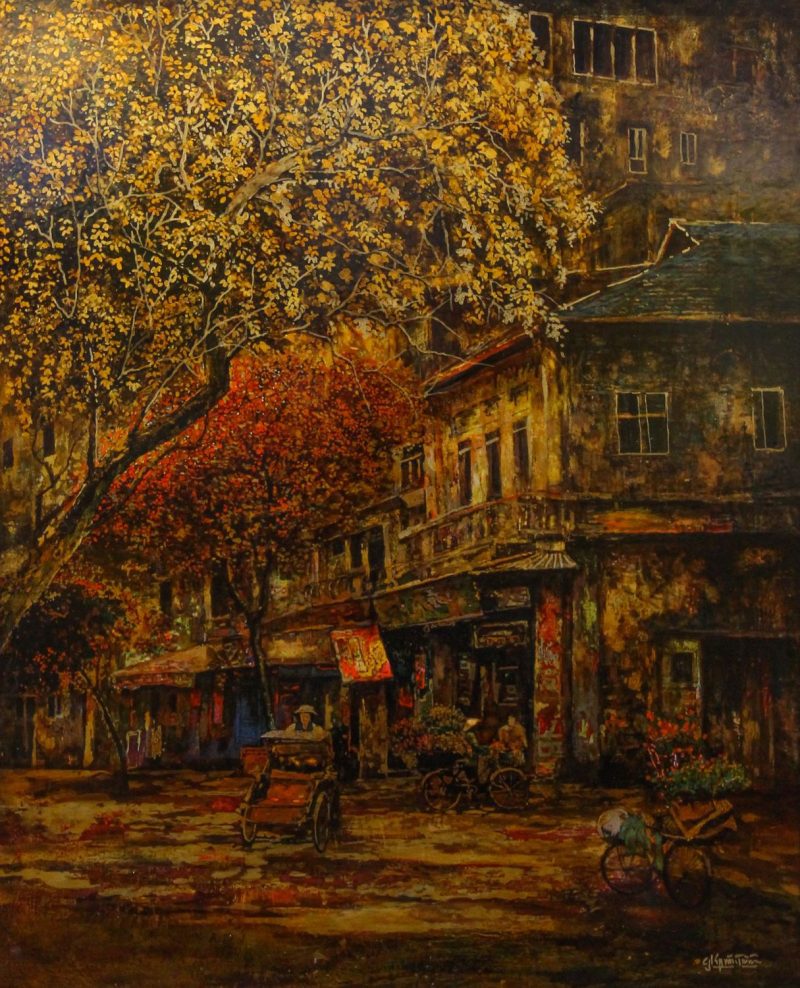 Golden Sunlight on Street III - Vietnamese Lacquer Painting by Artist Giap Van Tuan