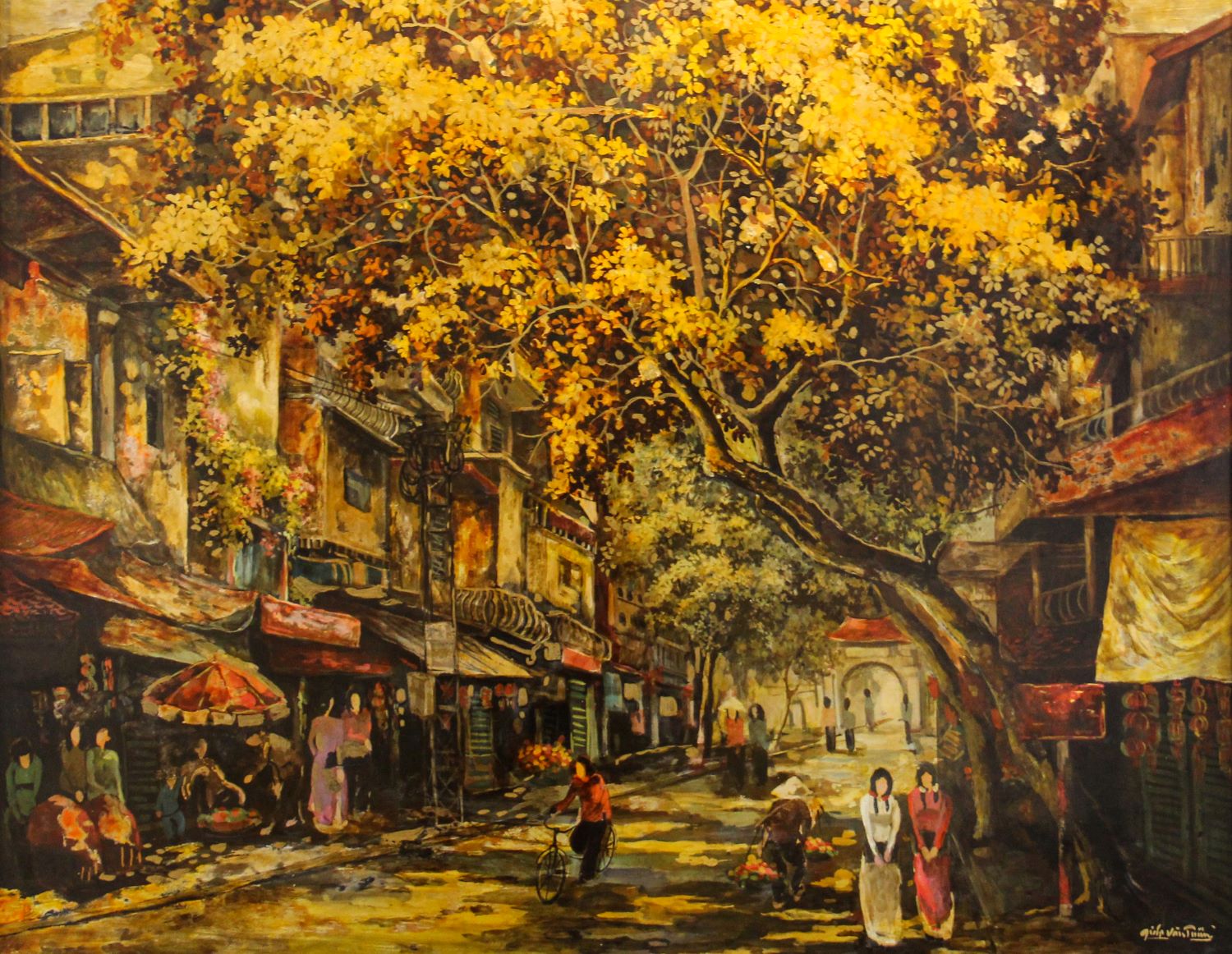 Golden Sunlight on Street IV - Vietnamese Lacquer Painting by Artist Giap Van Tuan