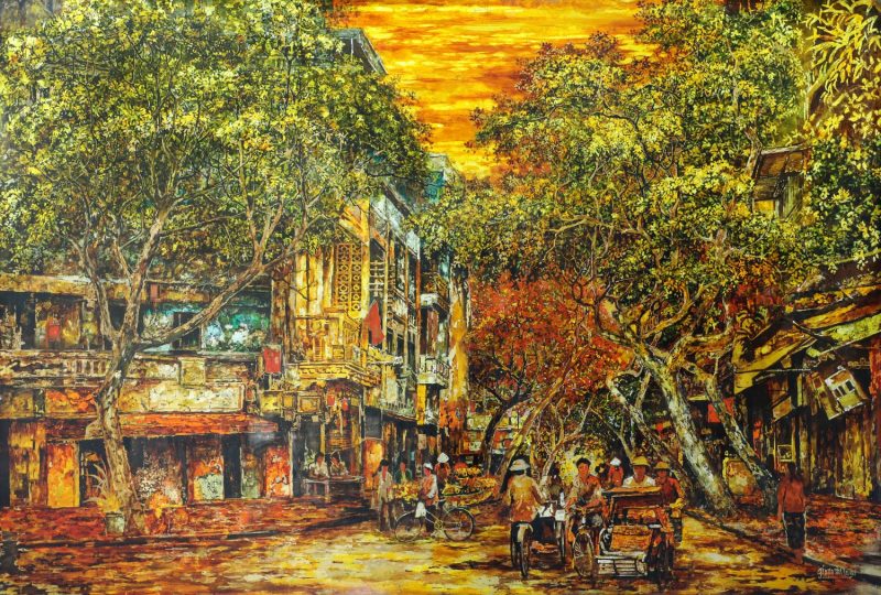 Golden Sunlight on Street V - Vietnamese Lacquer Painting by Artist Giap Van Tuan