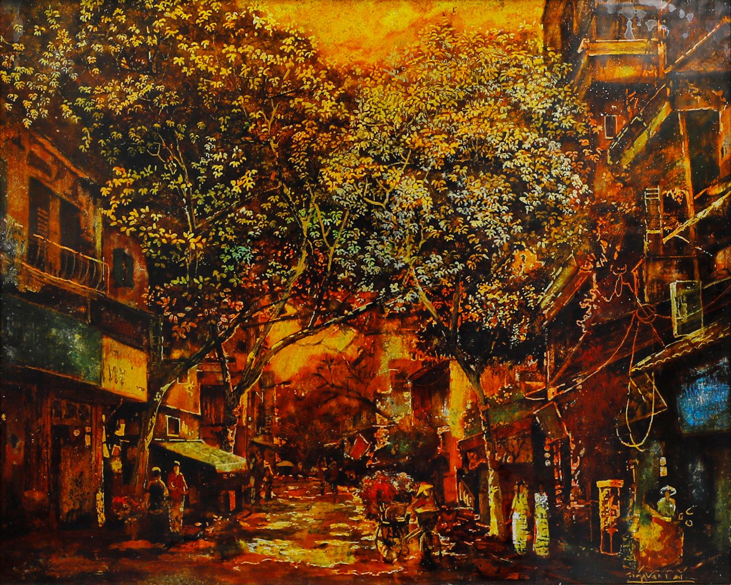 Golden Sunlight on Street VI - Vietnamese Lacquer Painting by Artist Giap Van Tuan