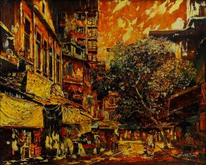 Golden Sunlight on Street VII - Vietnamese Lacquer Painting by Artist Giap Van Tuan