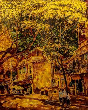 Golden Sunlight on Street - Vietnamese Lacquer Painting by Artist Giap Van Tuan