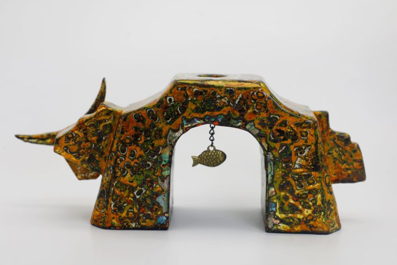 Gorgeous Gate-shaped Buffalo XV - Vietnamese Lacquer Artwork by Artist Nguyen Tan Phat