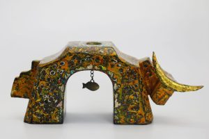 Gorgeous Gate-shaped Buffalo XV - Vietnamese Lacquer Artwork by Artist Nguyen Tan Phat