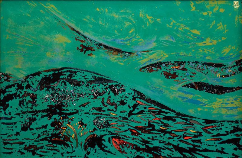 Green Ocean - Vietnamese Lacquer Painting by Artist Trieu Khac Tien