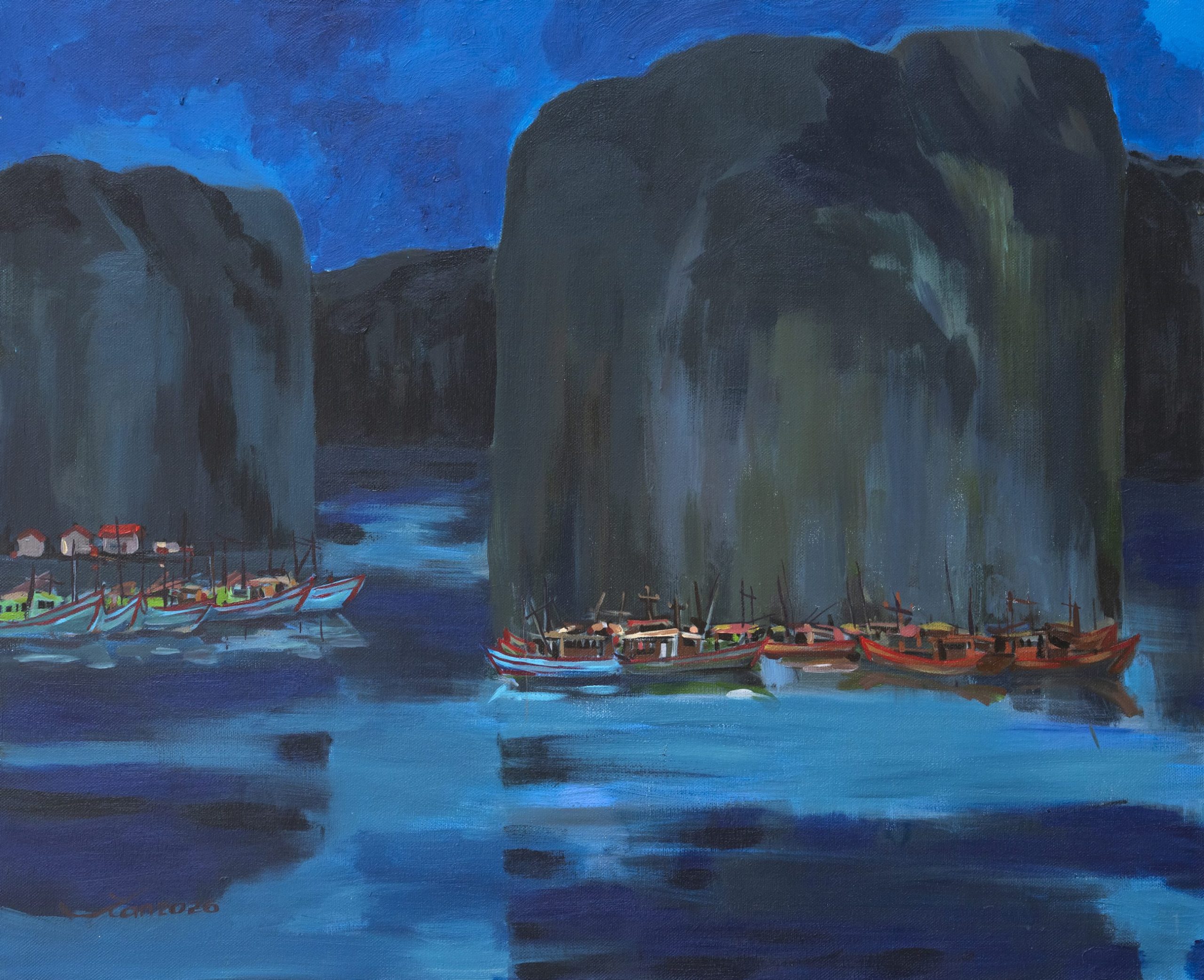 Blue Night Ha Long - Acrylic Painting by Artist Vu Manh Tan