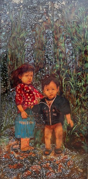 The Sisters - Vietnamese Lacquer Painting by Artist Trinh Que Anh