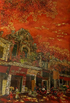 Hang Bo Street - Vietnamese Lacquer Painting by Artist Nguyen Tuan Anh