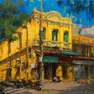 Hang Bong Street Corner - Vietnamese Oil Painting by Artist Pham Hoang Minh
