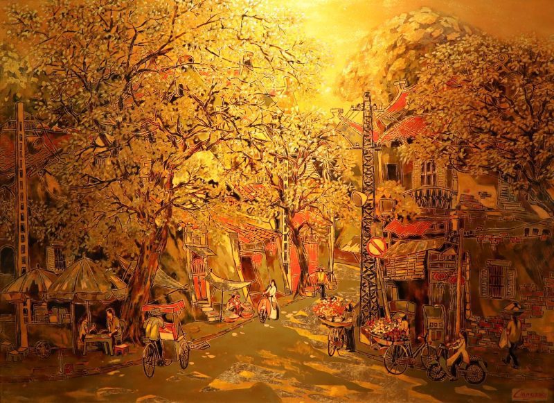 Hang Bun Street II - Vietnamese Lacquer Painting by Artist Nguyen Hong Giang