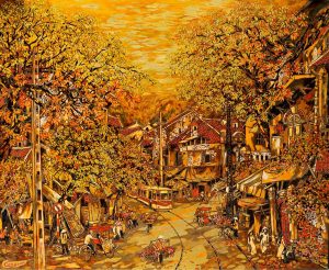 Hang Buom street Vietnamese Lacquer painting by artist Nguyen Hong Giang