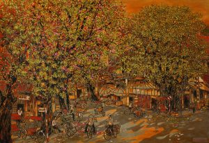 Hang Cot Street - Vietnamese Lacquer Painting by artist Nguyen Hong Giang