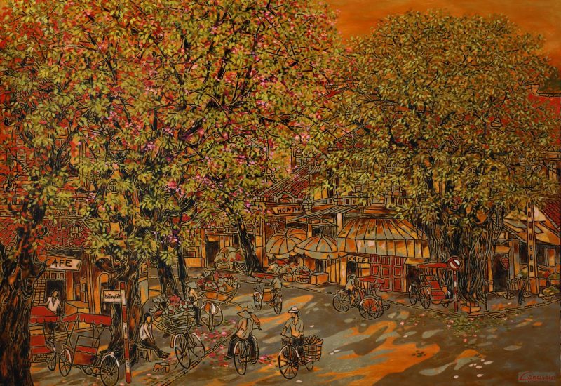 Hang Cot Street - Vietnamese Lacquer Painting by artist Nguyen Hong Giang