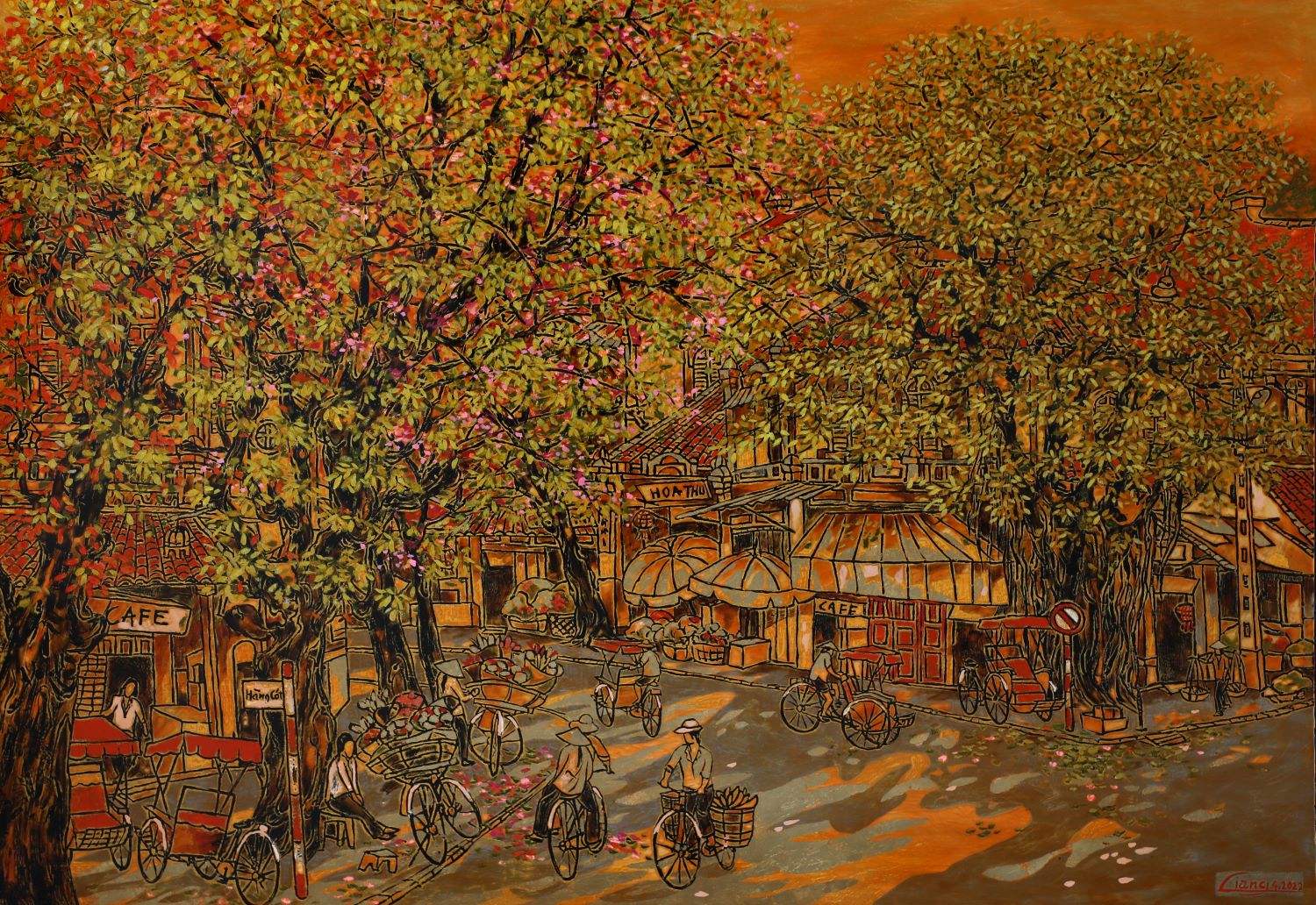 Hang Cot Street - Vietnamese Lacquer Painting by artist Nguyen Hong Giang