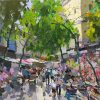 Hang Luoc Market in Spring - Vietnamese Oil Painting by Artist Pham Hoang Minh