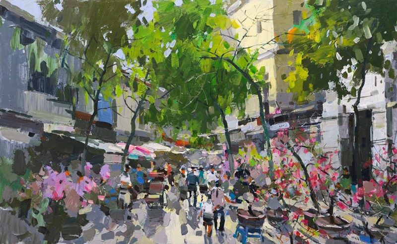 Hang Luoc Market in Spring - Vietnamese Oil Painting by Artist Pham Hoang Minh