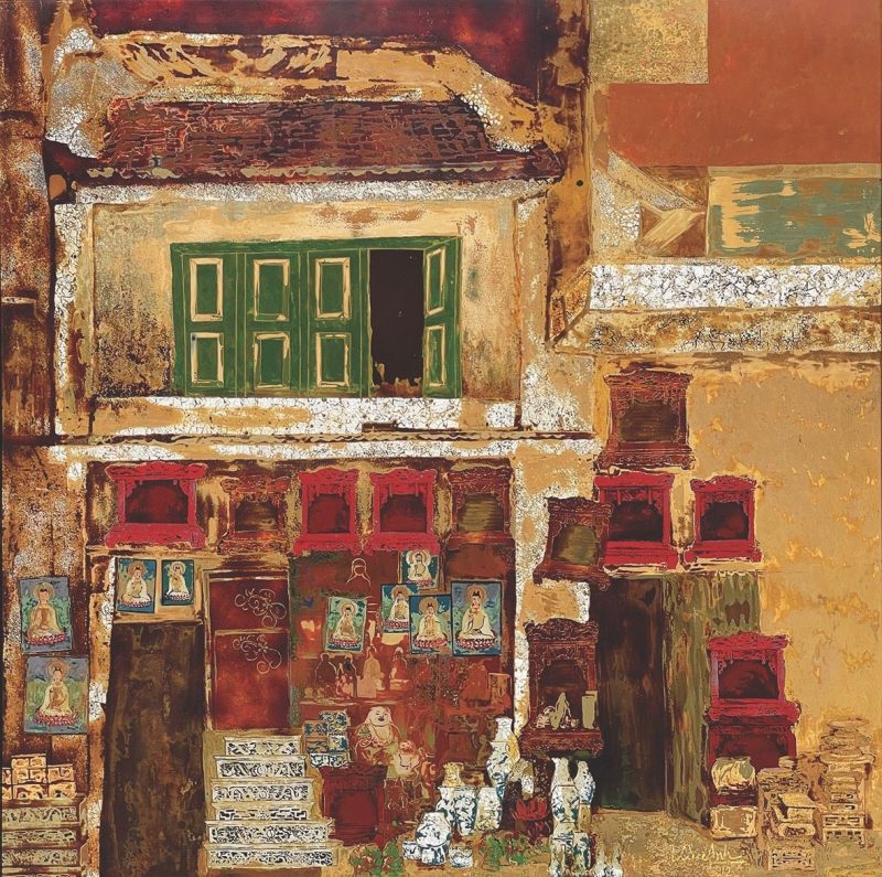 Hang Quat Street - Vietnamese Lacquer Painting by Artist Trinh Que Anh