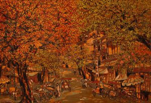 Hang Thung Street - Vietnamese Lacquer Painting by artist Nguyen Hong Giang