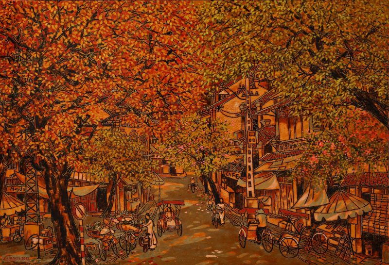 Hang Thung Street - Vietnamese Lacquer Painting by artist Nguyen Hong Giang