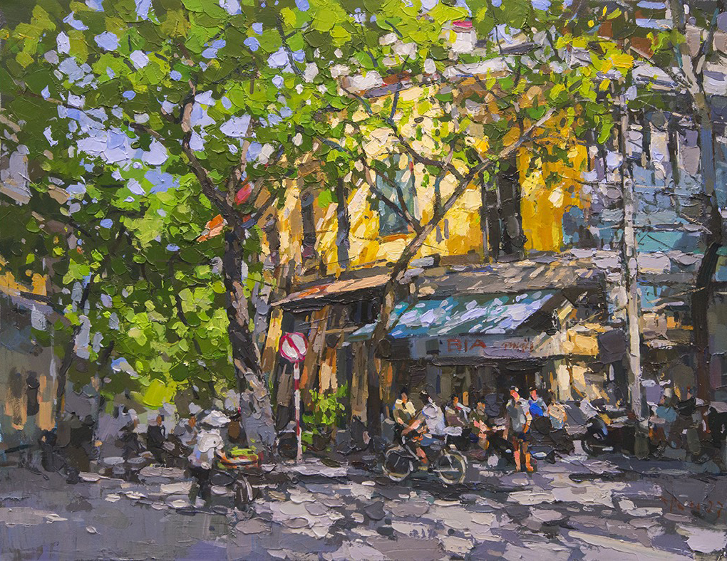 Hang Vai Street II - Vietnamese Oil Paintings by Artist Pham Hoang Minh