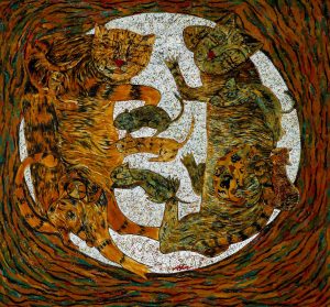 A Cat’s Home Happiness - Vietnamese Lacquer Painting by Artist Ngo Ba Cong