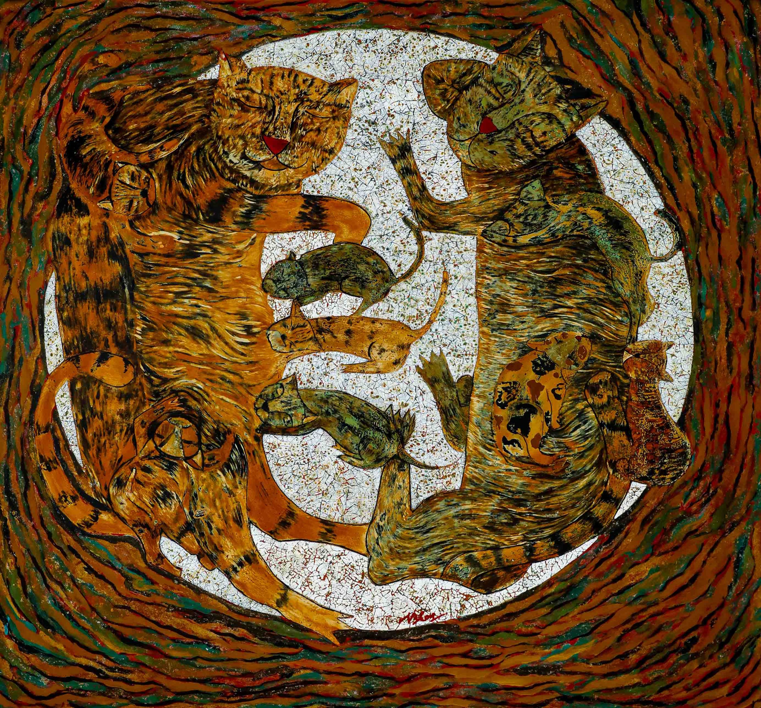 A Cat’s Home Happiness - Vietnamese Lacquer Painting by Artist Ngo Ba Cong