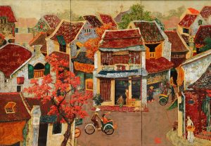 Hanoi Old Quarter - Vietnamese Lacquer Painting by Artist Le Khanh Hieu