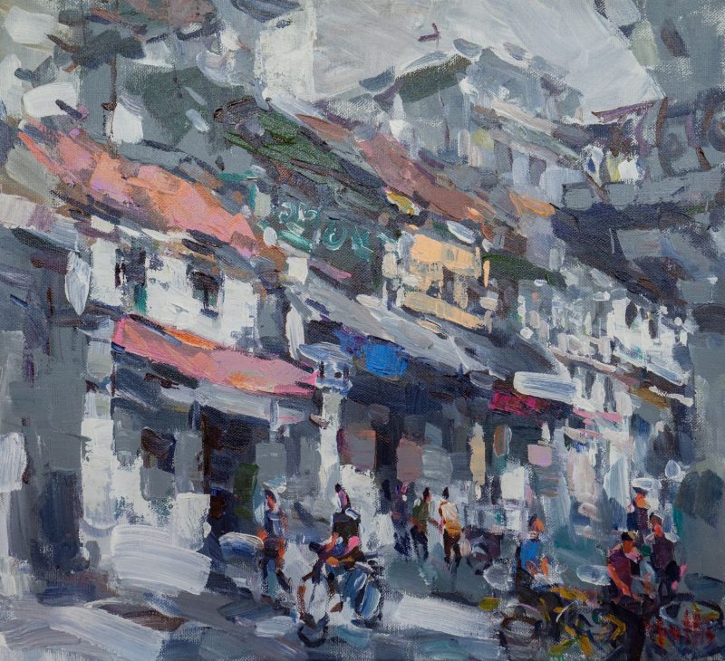 Hanoi Old Street - Vietnamese Lacquer Painting by Artist Pham Hoang Minh