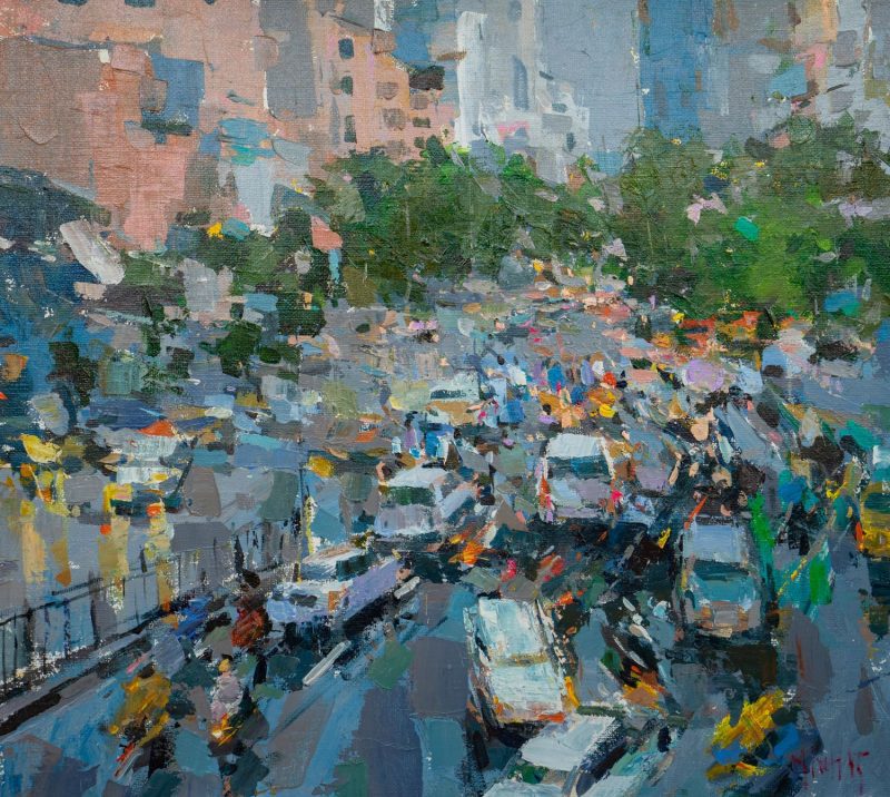Hanoi Rush Hour III - Vietnamese Oil Painting by Artist Pham Hoang Minh