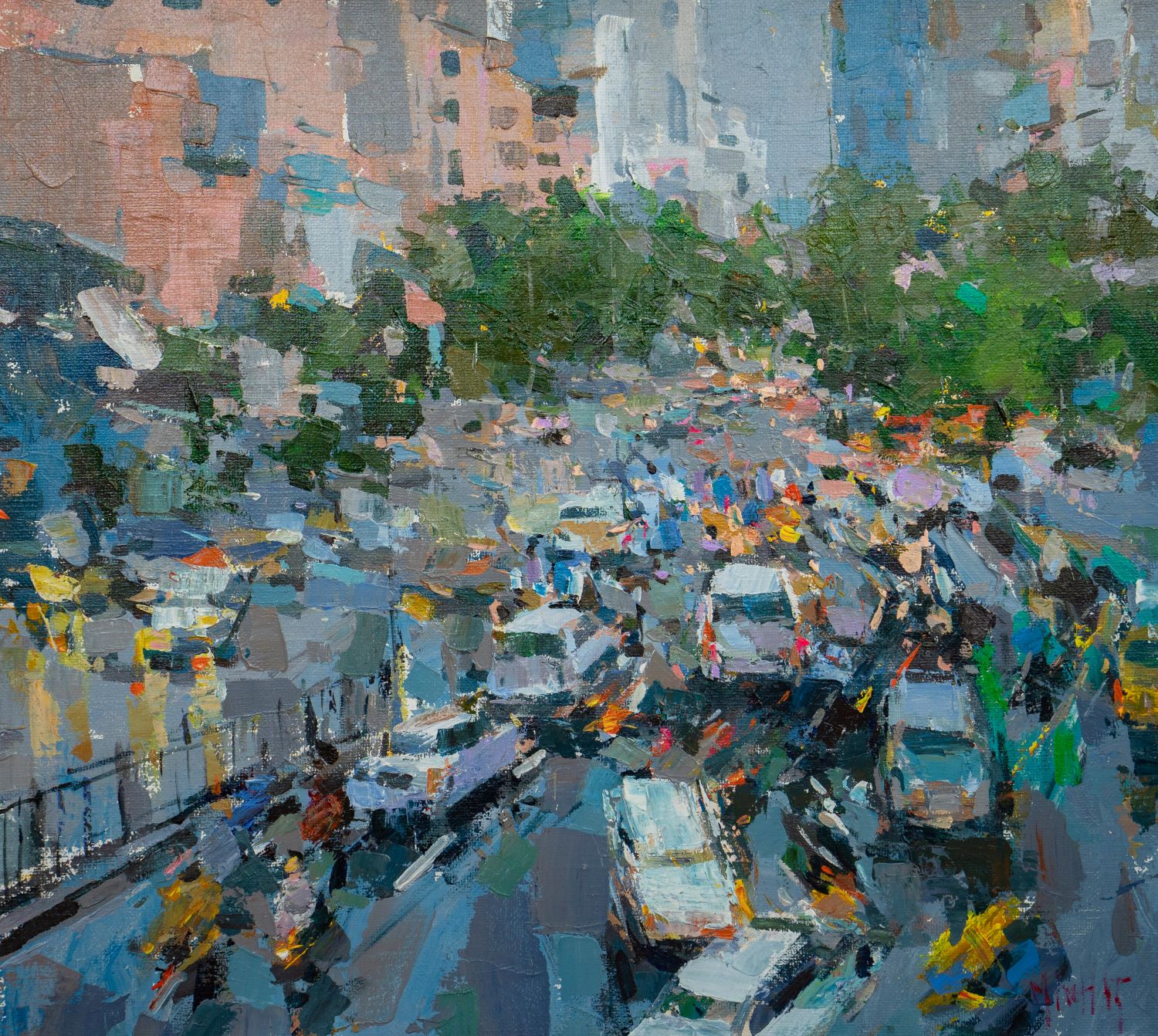 Hanoi Rush Hour III - Vietnamese Oil Painting by Artist Pham Hoang Minh