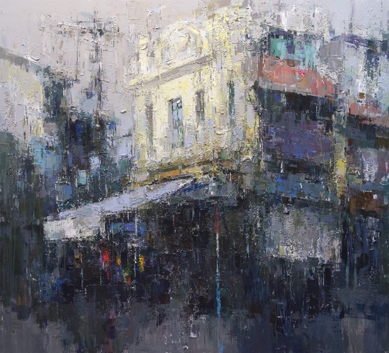 Hanoi Street Lights Up II - Vietnamese Oil Paintings by Artist Pham Hoang Minh