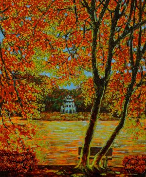 Hoan Kiem Lake in the Red Leaf Season - Lacquer Painting by Artist Hoang Hoan