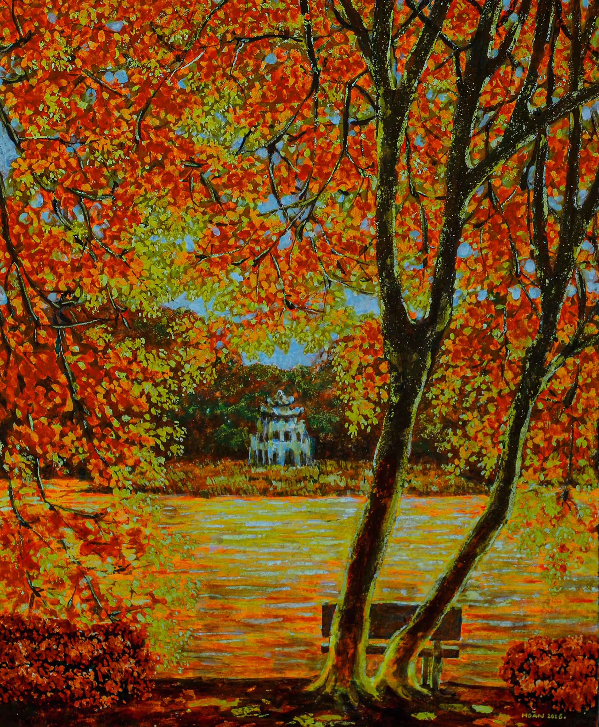 Hoan Kiem Lake in the Red Leaf Season - Lacquer Painting by Artist Hoang Hoan