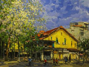 Milkwood Flowers On Street Corner Vietnamese Oil Painting by Artist Pham Hoang Minh