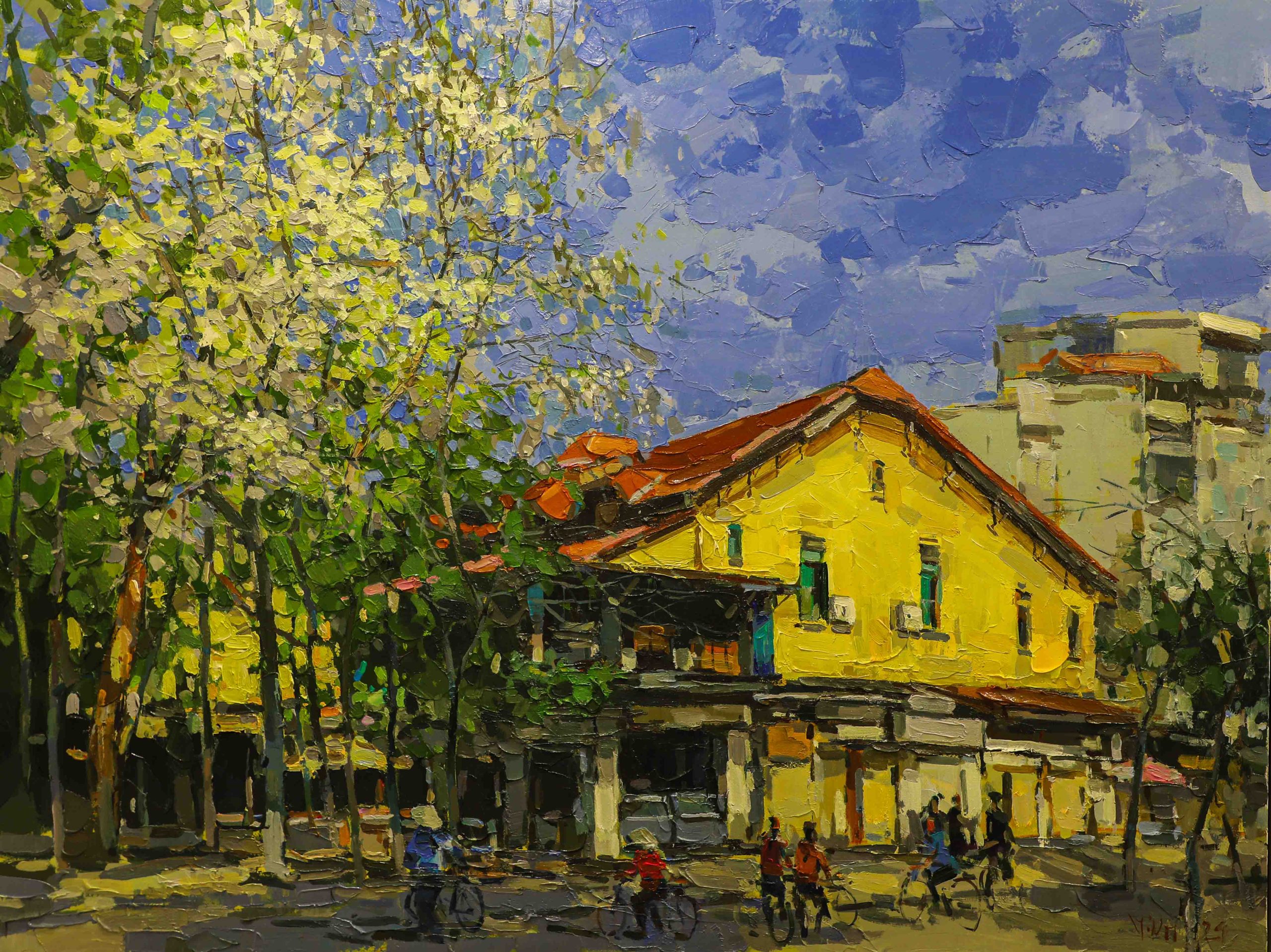 Milkwood Flowers On Street Corner Vietnamese Oil Painting by Artist Pham Hoang Minh